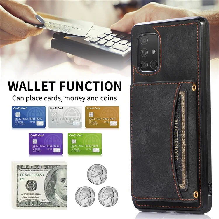 For Samsung Galaxy A51 5G SM-A516 Tri-fold Wallet Anti-scratch Phone Case PU Leather Coated TPU Kickstand Cover - Black