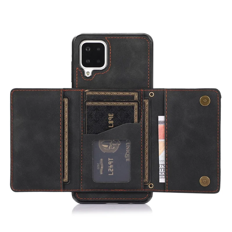 For Samsung Galaxy A12 Tri-fold Wallet Kickstand Protective Phone Case PU Leather Coated TPU Back Cover - Black