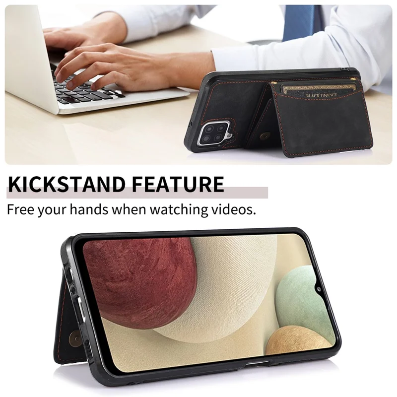 For Samsung Galaxy A12 Tri-fold Wallet Kickstand Protective Phone Case PU Leather Coated TPU Back Cover - Black