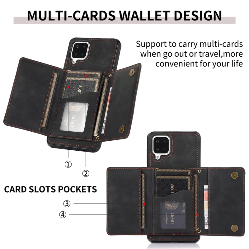 For Samsung Galaxy A12 Tri-fold Wallet Kickstand Protective Phone Case PU Leather Coated TPU Back Cover - Black