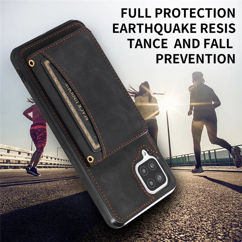 For Samsung Galaxy A12 Tri-fold Wallet Kickstand Protective Phone Case PU Leather Coated TPU Back Cover - Black