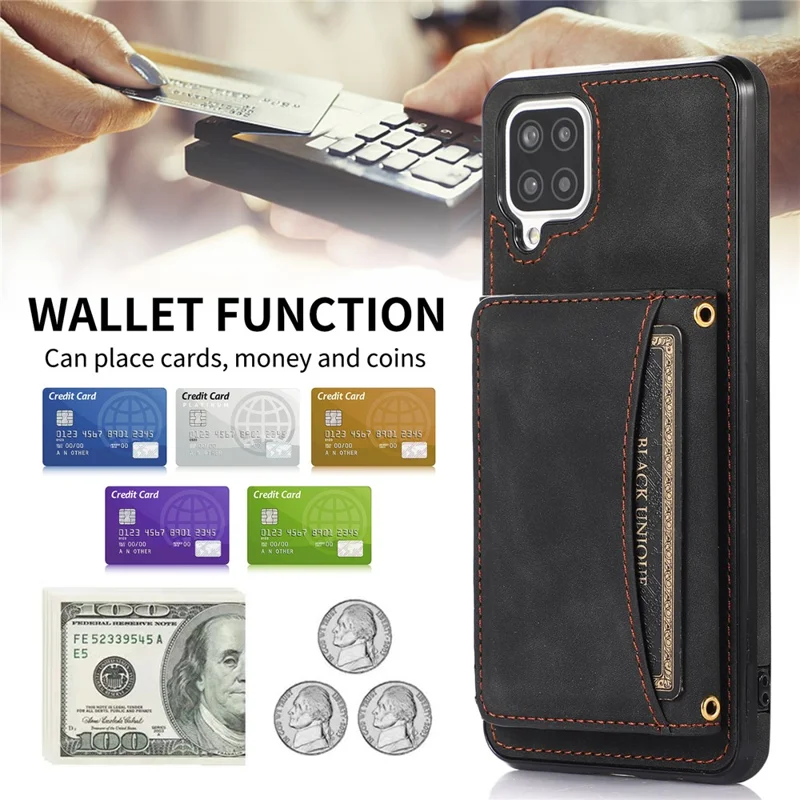 For Samsung Galaxy A12 Tri-fold Wallet Kickstand Protective Phone Case PU Leather Coated TPU Back Cover - Black
