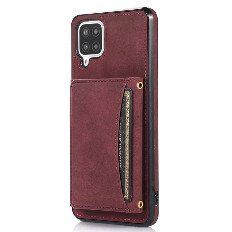 For Samsung Galaxy A12 Tri-fold Wallet Kickstand Protective Phone Case PU Leather Coated TPU Back Cover - Wine Red