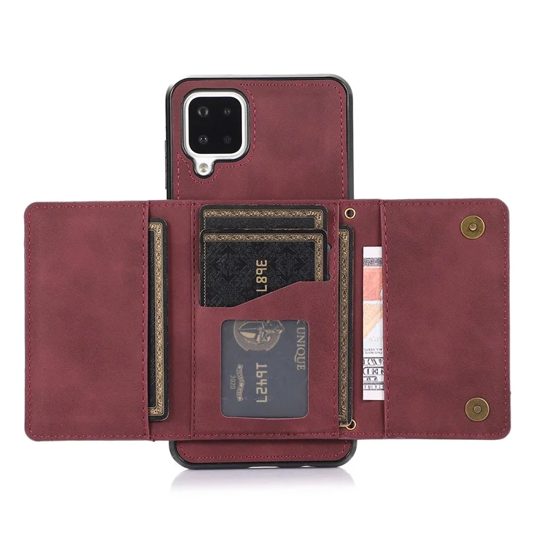 For Samsung Galaxy A12 Tri-fold Wallet Kickstand Protective Phone Case PU Leather Coated TPU Back Cover - Wine Red