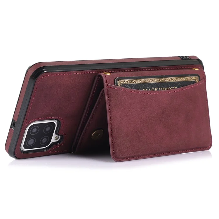 For Samsung Galaxy A12 Tri-fold Wallet Kickstand Protective Phone Case PU Leather Coated TPU Back Cover - Wine Red