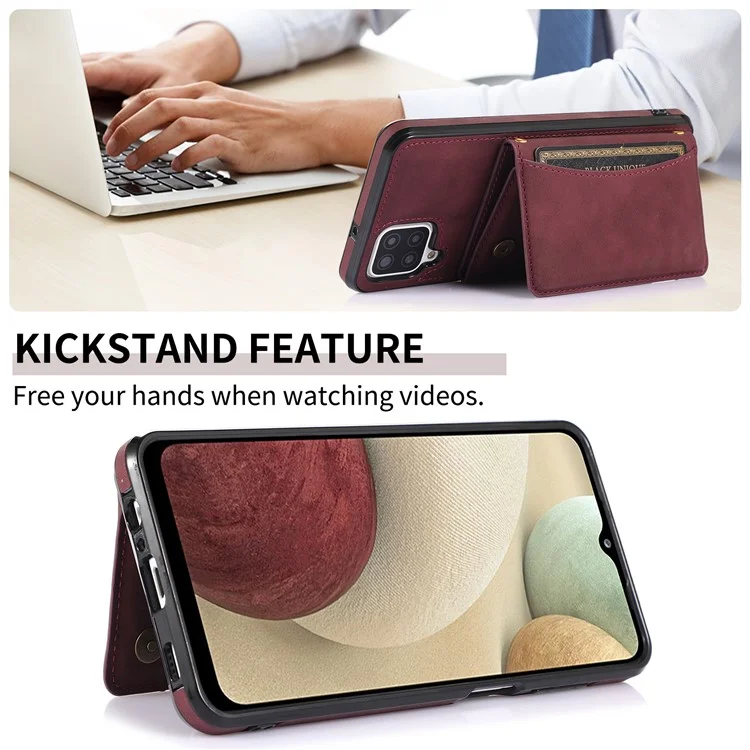 For Samsung Galaxy A12 Tri-fold Wallet Kickstand Protective Phone Case PU Leather Coated TPU Back Cover - Wine Red