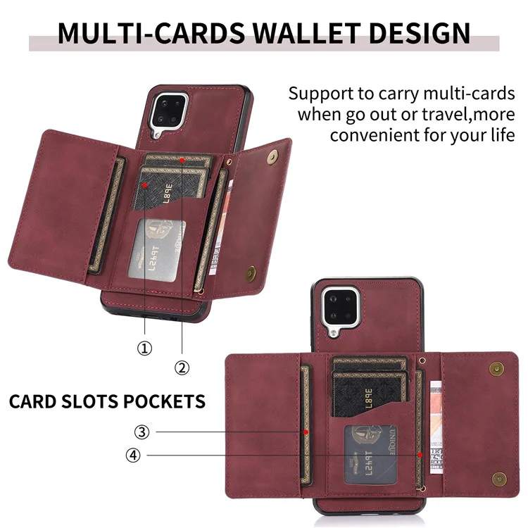 For Samsung Galaxy A12 Tri-fold Wallet Kickstand Protective Phone Case PU Leather Coated TPU Back Cover - Wine Red