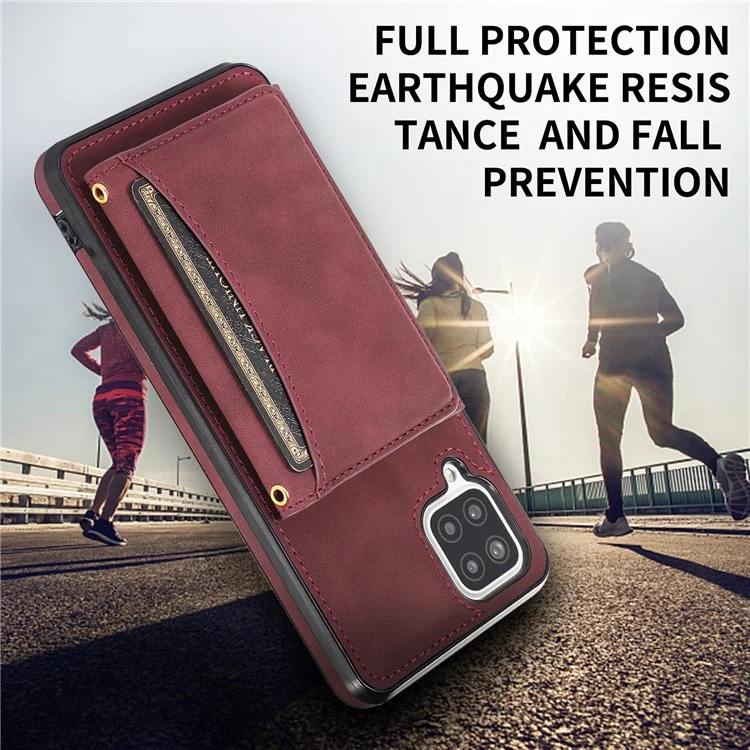 For Samsung Galaxy A12 Tri-fold Wallet Kickstand Protective Phone Case PU Leather Coated TPU Back Cover - Wine Red