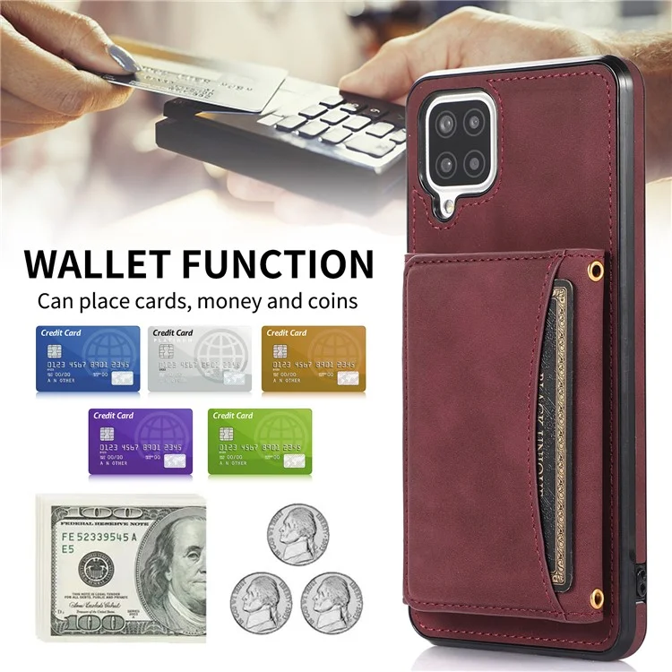 For Samsung Galaxy A12 Tri-fold Wallet Kickstand Protective Phone Case PU Leather Coated TPU Back Cover - Wine Red