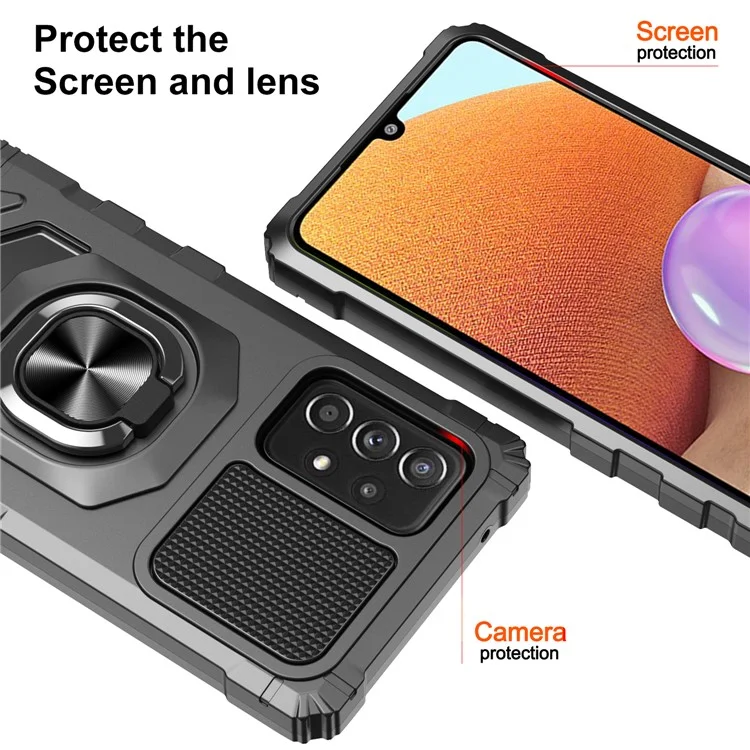 Pour Samsung Galaxy A32 4G (version Ue) Téléphone de Protection Back Cover Shockproofp PC + TPU Hybrid Phone Case Kickstand Hept-in Magnet Magnetine Haut - Noir