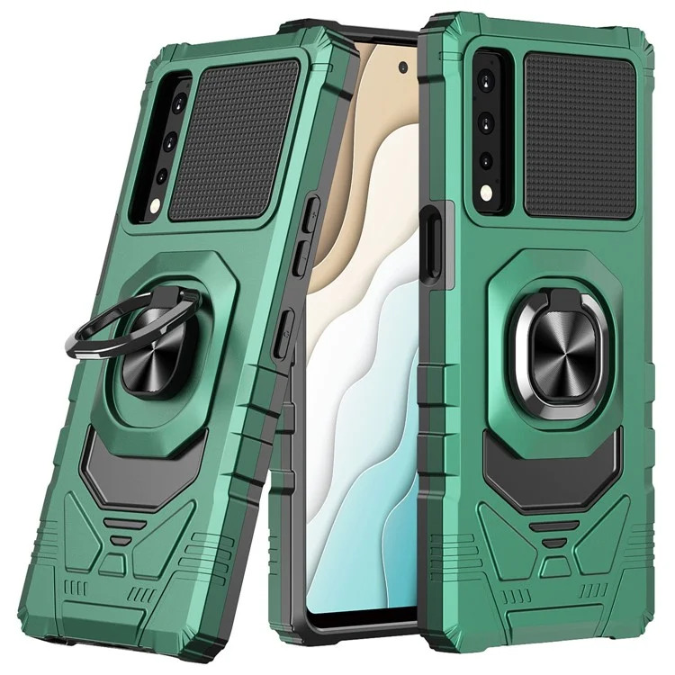 Para LG Stylo 7 5G Anti-scratch Back Cover PC + TPU Anillo TPU Cushions de Aire de Protección Teléfono Con Lámina de Metal de Soporte Magnético Incorporado - Verde de Medianoche