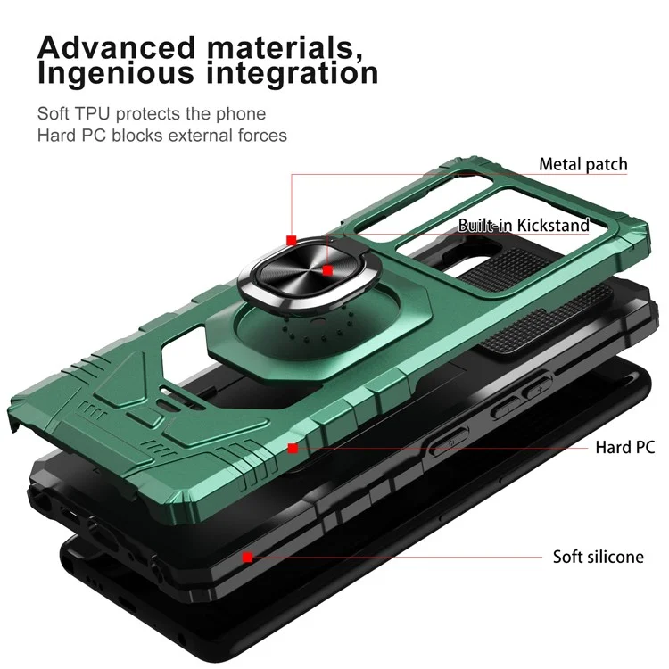 Para LG Stylo 7 5G Anti-scratch Back Cover PC + TPU Anillo TPU Cushions de Aire de Protección Teléfono Con Lámina de Metal de Soporte Magnético Incorporado - Verde de Medianoche