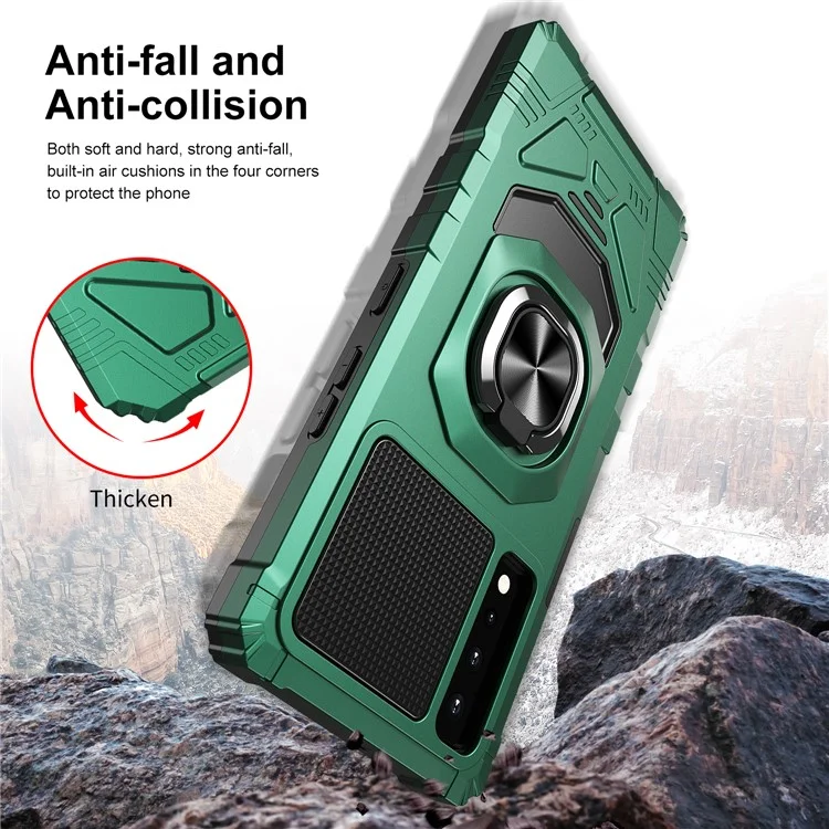 Para LG Stylo 7 5G Anti-scratch Back Cover PC + TPU Anillo TPU Cushions de Aire de Protección Teléfono Con Lámina de Metal de Soporte Magnético Incorporado - Verde de Medianoche