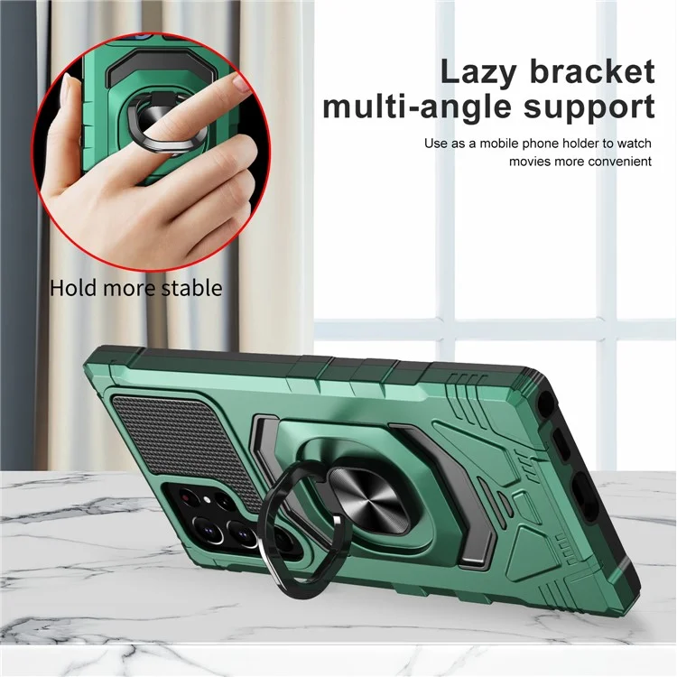 Bulk Purchasing For Samsung Galaxy S21 Ultra 5G Ring Kickstand Shockproof Phone Case PC + TPU Back Cover - Midnight Green