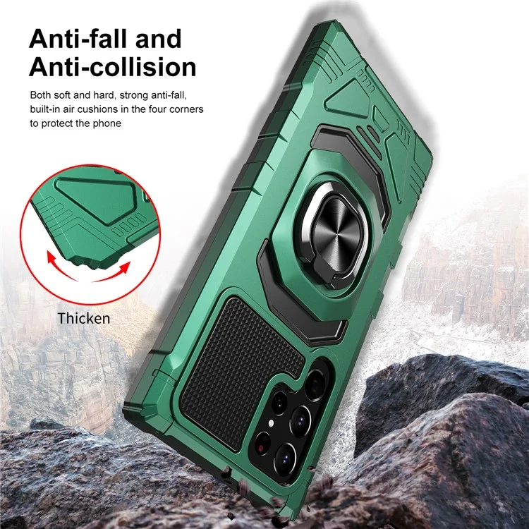 Bulk Purchasing For Samsung Galaxy S21 Ultra 5G Ring Kickstand Shockproof Phone Case PC + TPU Back Cover - Midnight Green