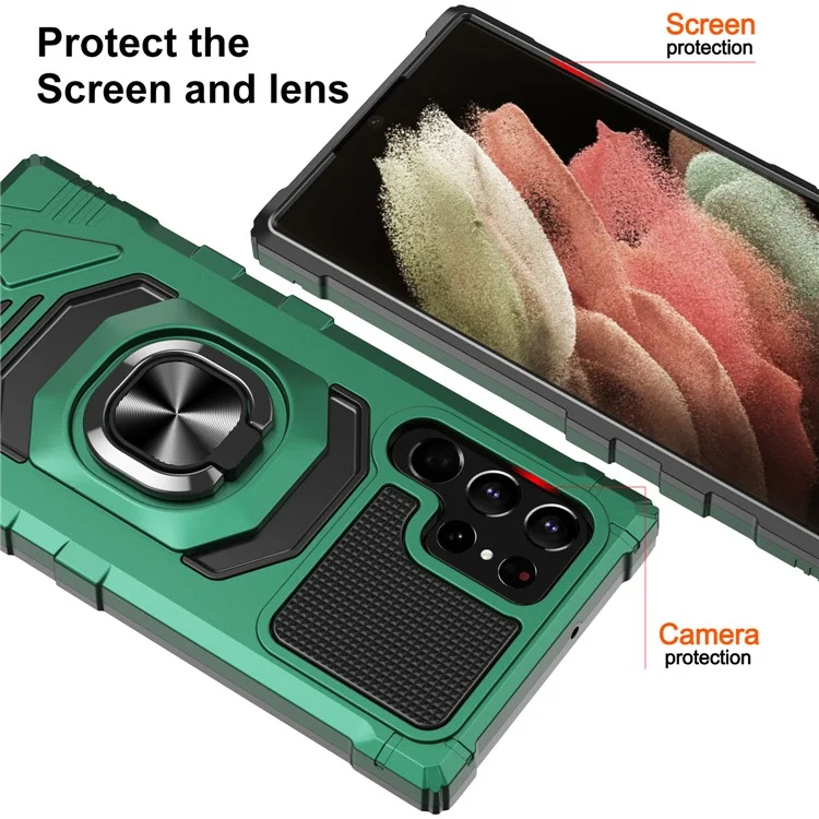 Bulk Purchasing For Samsung Galaxy S21 Ultra 5G Ring Kickstand Shockproof Phone Case PC + TPU Back Cover - Midnight Green