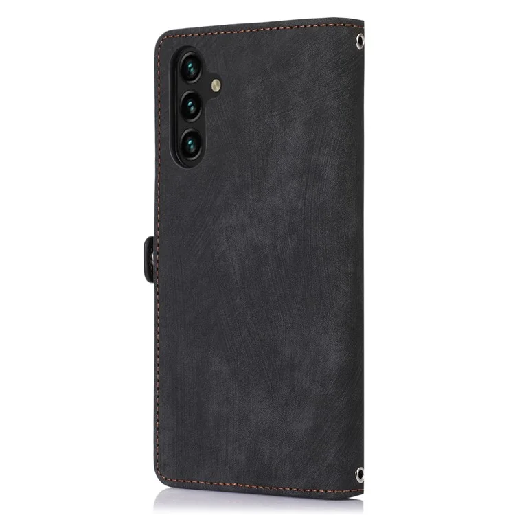 Para Samsung Galaxy A14 5G Pocket de Pollo Con Cremallera 9 Ranuras Para Tarjetas PU Case de Cuero Phone Stand Cover Con Correa de Muñeca - Negro