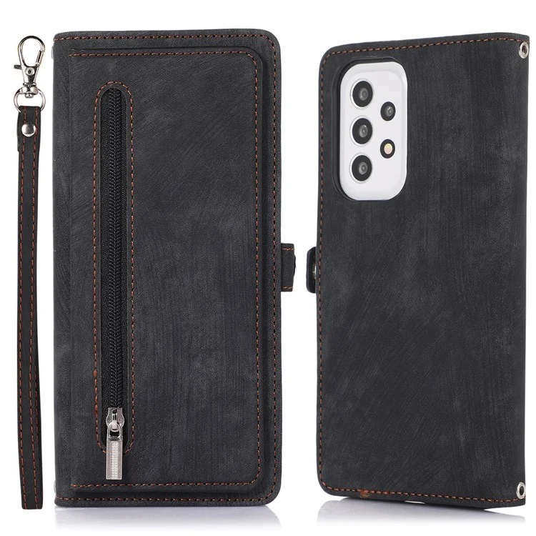 Für Samsung Galaxy A23 4G / A23 5G (globale Version) Reißverschluss Pocket Wallet Phone Deckung PU Leder 9 Kartenschlitzs Hülle Mit Handgelenkriemen - Schwarz