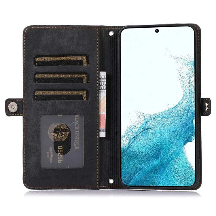 Für Samsung Galaxy A23 4G / A23 5G (globale Version) Reißverschluss Pocket Wallet Phone Deckung PU Leder 9 Kartenschlitzs Hülle Mit Handgelenkriemen - Schwarz