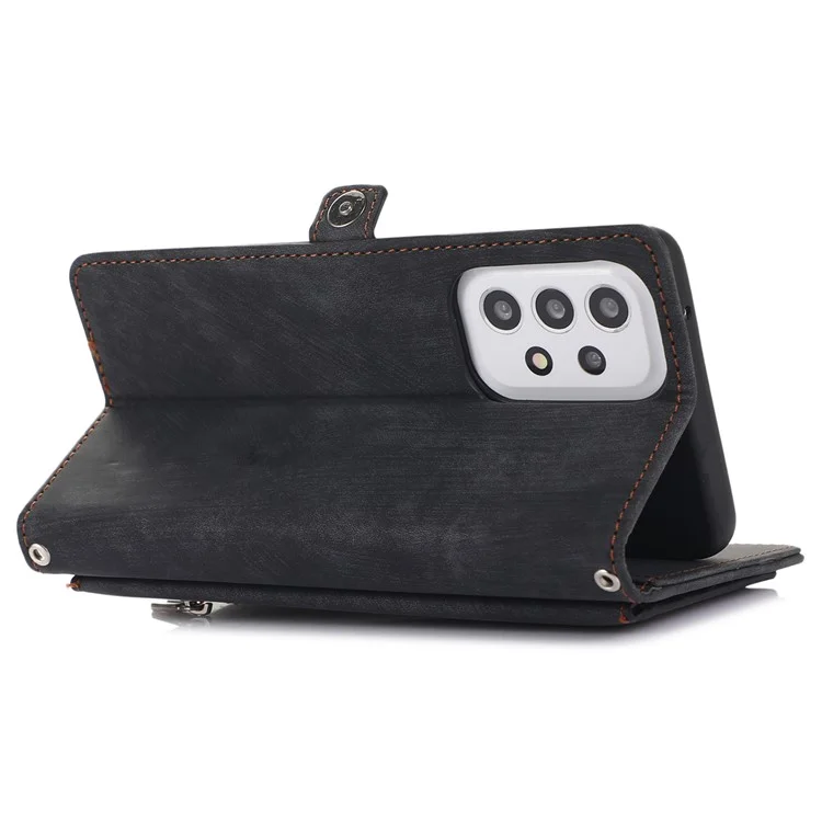 Für Samsung Galaxy A23 4G / A23 5G (globale Version) Reißverschluss Pocket Wallet Phone Deckung PU Leder 9 Kartenschlitzs Hülle Mit Handgelenkriemen - Schwarz