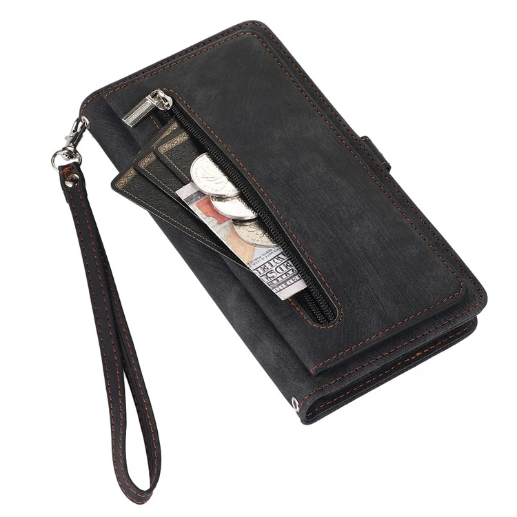 Für Samsung Galaxy A23 4G / A23 5G (globale Version) Reißverschluss Pocket Wallet Phone Deckung PU Leder 9 Kartenschlitzs Hülle Mit Handgelenkriemen - Schwarz