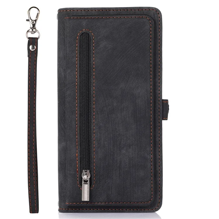 Für Samsung Galaxy A23 4G / A23 5G (globale Version) Reißverschluss Pocket Wallet Phone Deckung PU Leder 9 Kartenschlitzs Hülle Mit Handgelenkriemen - Schwarz
