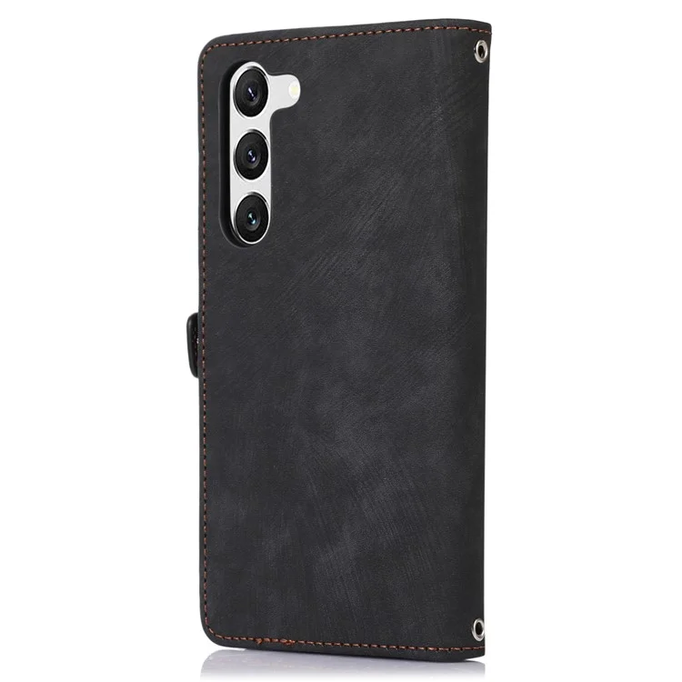 For Samsung Galaxy S23 Zipper Pocket Wallet 9 Card Slots Multifunctional Phone Case PU Leather Stand Phone Cover with Wrist Strap - Black