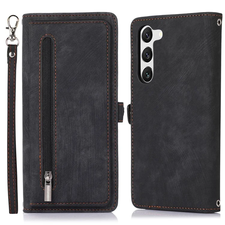 For Samsung Galaxy S23+ Zipper Pocket Wallet Magnetic Clasp Case 9 Card Slots Stand PU Leather Phone Cover with Wrist Strap - Black