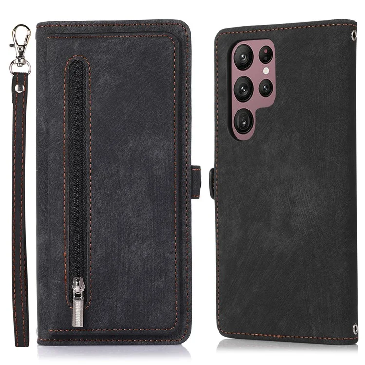 For Samsung Galaxy S23 Ultra Zipper Pocket Wallet Phone Case 9 Card Slots PU Leather Shockproof Stand Cover with Wrist Strap - Black