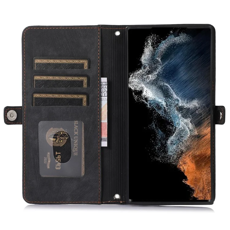 For Samsung Galaxy S23 Ultra Zipper Pocket Wallet Phone Case 9 Card Slots PU Leather Shockproof Stand Cover with Wrist Strap - Black