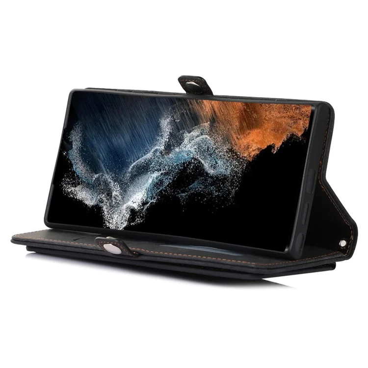For Samsung Galaxy S23 Ultra Zipper Pocket Wallet Phone Case 9 Card Slots PU Leather Shockproof Stand Cover with Wrist Strap - Black