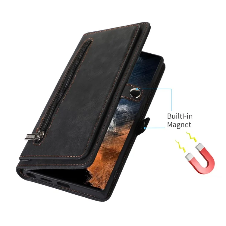 For Samsung Galaxy S23 Ultra Zipper Pocket Wallet Phone Case 9 Card Slots PU Leather Shockproof Stand Cover with Wrist Strap - Black