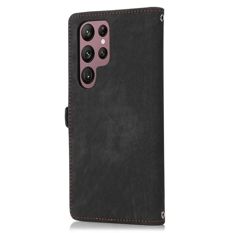 For Samsung Galaxy S23 Ultra Zipper Pocket Wallet Phone Case 9 Card Slots PU Leather Shockproof Stand Cover with Wrist Strap - Black