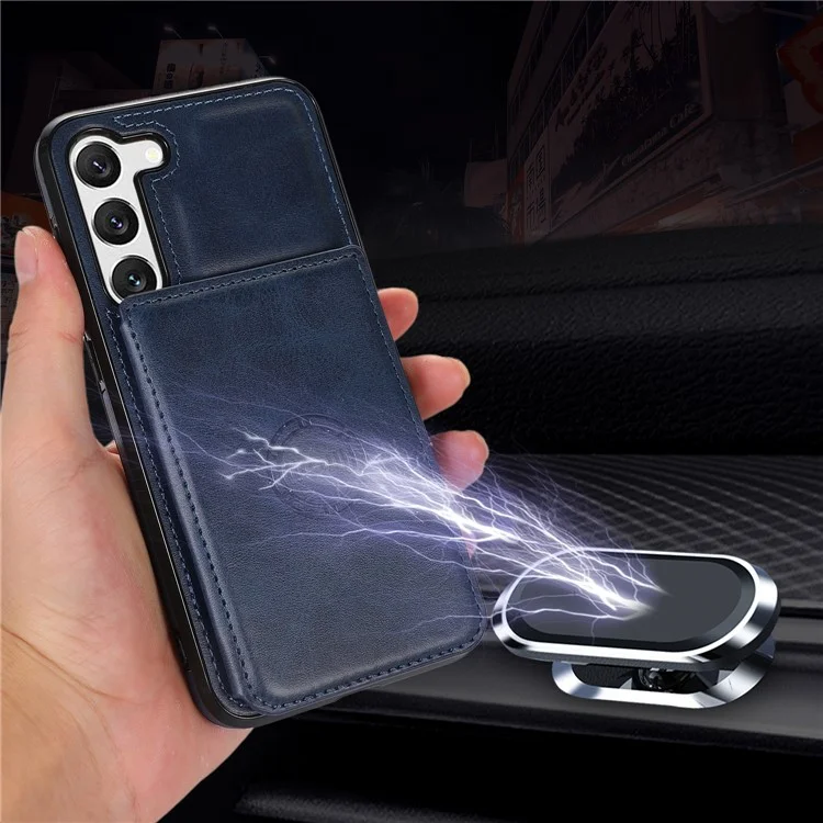 Para Samsung Galaxy S23 Plus Tolder Case Teléfono PU Cuero TPU Toppu Tapa Trasera Con Lámina de Metal de Montaje en Automóvil - Azul