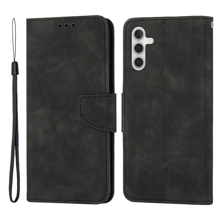 Para Samsung Galaxy A34 5G Protección completa Solid Color PU Leather Magnetic Phone Case Stand Wallet Flip Phone Cover with Strap - Negro