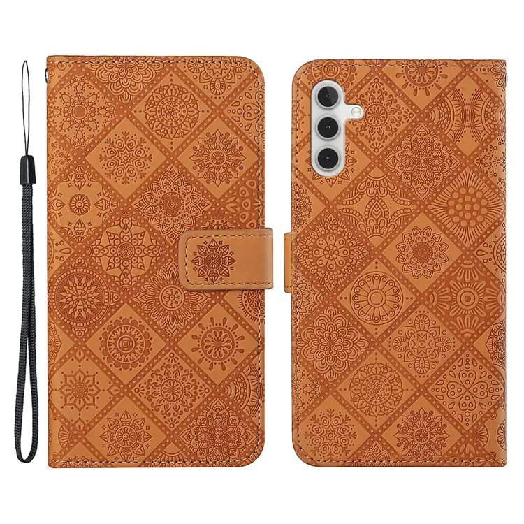For Samsung Galaxy A34 5G Ethnic Style Flower Imprinted PU Leather Magnetic Flip Phone Case Stand Wallet Protective Phone Cover with Strap - Brown