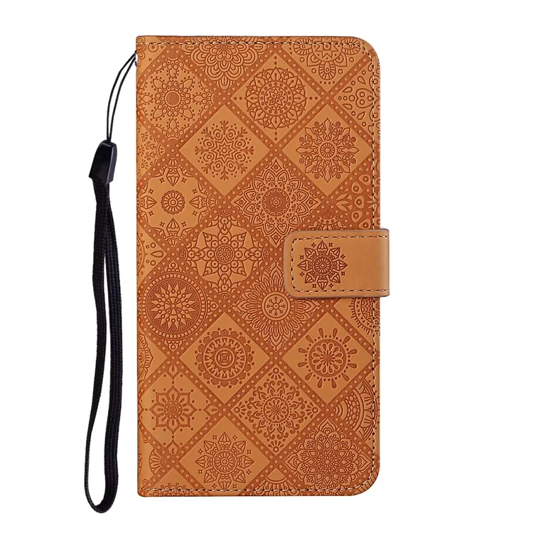 For Samsung Galaxy A34 5G Ethnic Style Flower Imprinted PU Leather Magnetic Flip Phone Case Stand Wallet Protective Phone Cover with Strap - Brown