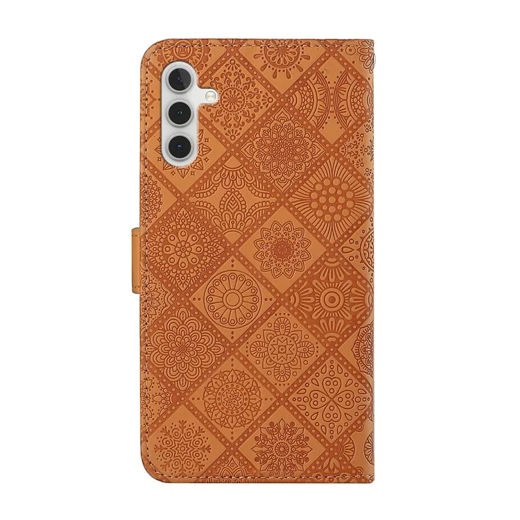 For Samsung Galaxy A34 5G Ethnic Style Flower Imprinted PU Leather Magnetic Flip Phone Case Stand Wallet Protective Phone Cover with Strap - Brown