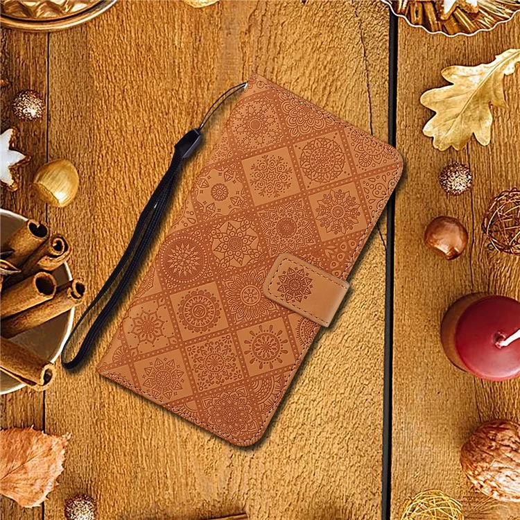 For Samsung Galaxy A34 5G Ethnic Style Flower Imprinted PU Leather Magnetic Flip Phone Case Stand Wallet Protective Phone Cover with Strap - Brown