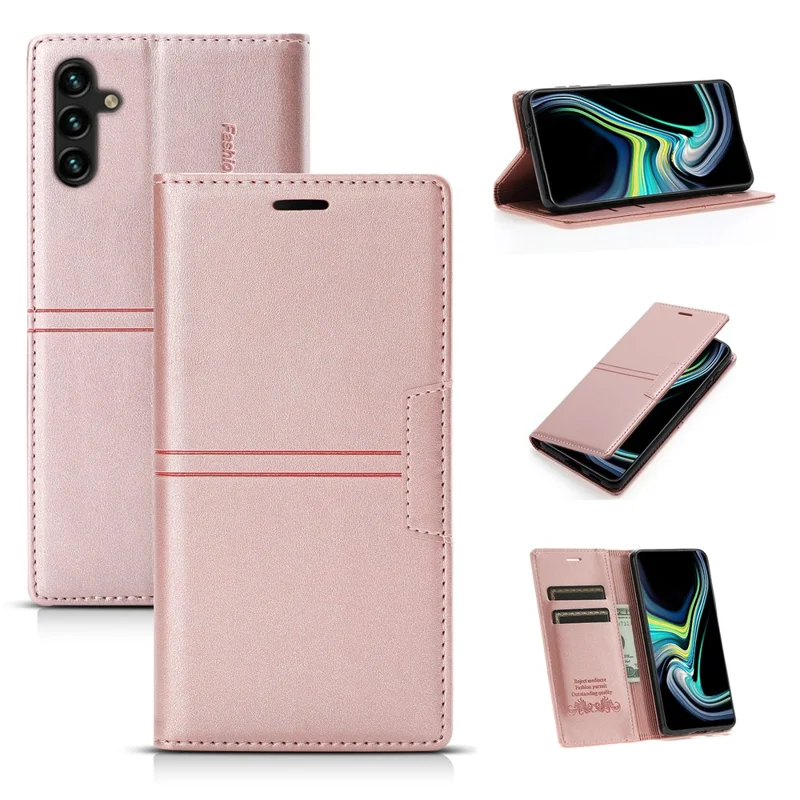 For Samsung Galaxy A34 5G Dustproof Magnetic Auto-absorbed Phone Case Stand Wallet PU Leather Coated TPU Cover - Rose Gold
