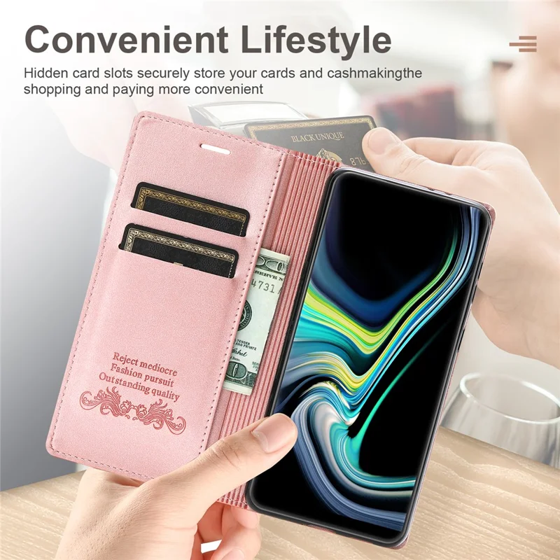 For Samsung Galaxy A34 5G Dustproof Magnetic Auto-absorbed Phone Case Stand Wallet PU Leather Coated TPU Cover - Rose Gold