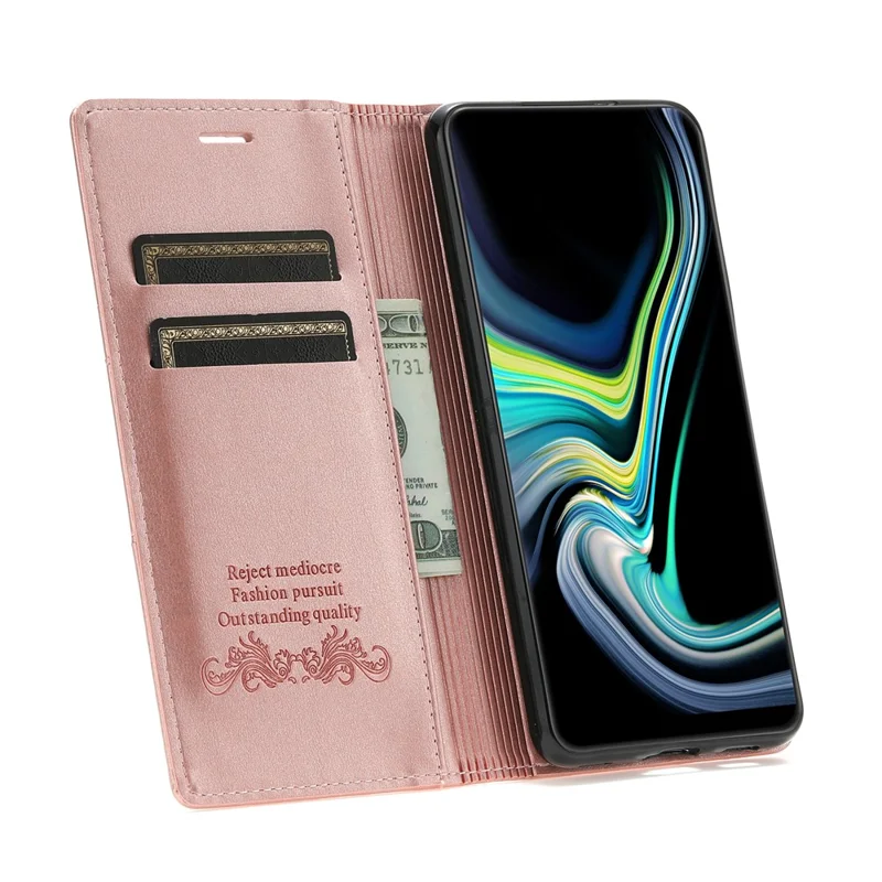 For Samsung Galaxy A34 5G Dustproof Magnetic Auto-absorbed Phone Case Stand Wallet PU Leather Coated TPU Cover - Rose Gold