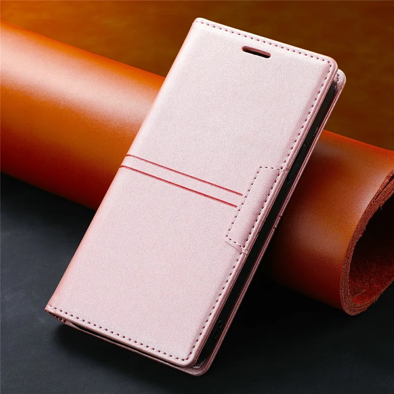For Samsung Galaxy A34 5G Dustproof Magnetic Auto-absorbed Phone Case Stand Wallet PU Leather Coated TPU Cover - Rose Gold