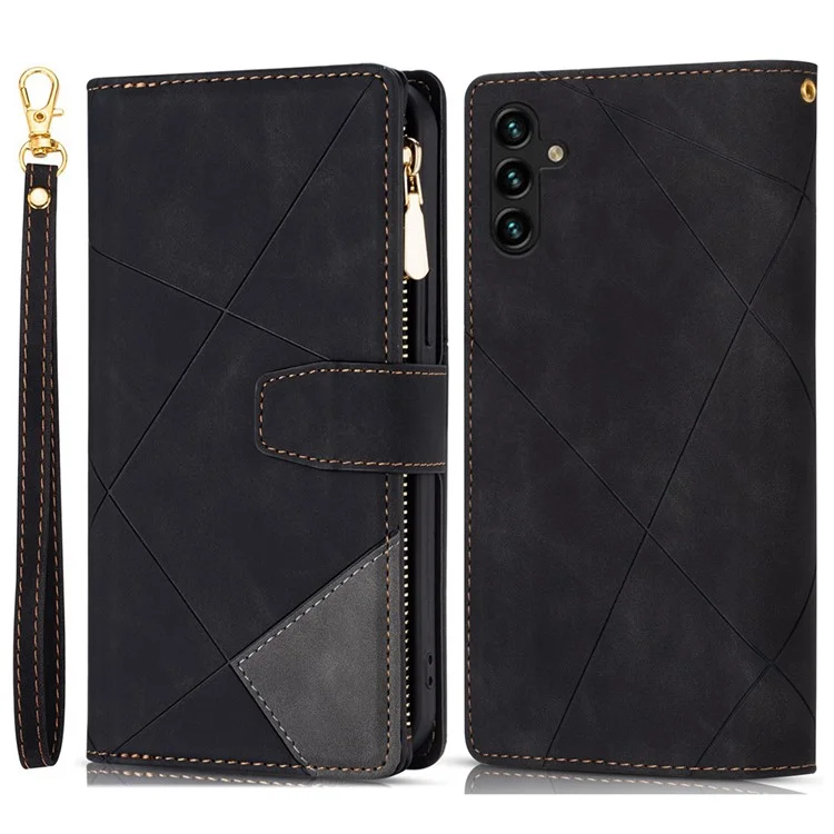 Per Samsung Galaxy A54 5G Custodia in pelle PU con cerniera, con colore sfumato, con stampa a linee, portafoglio, con supporto e tracolla - Nero