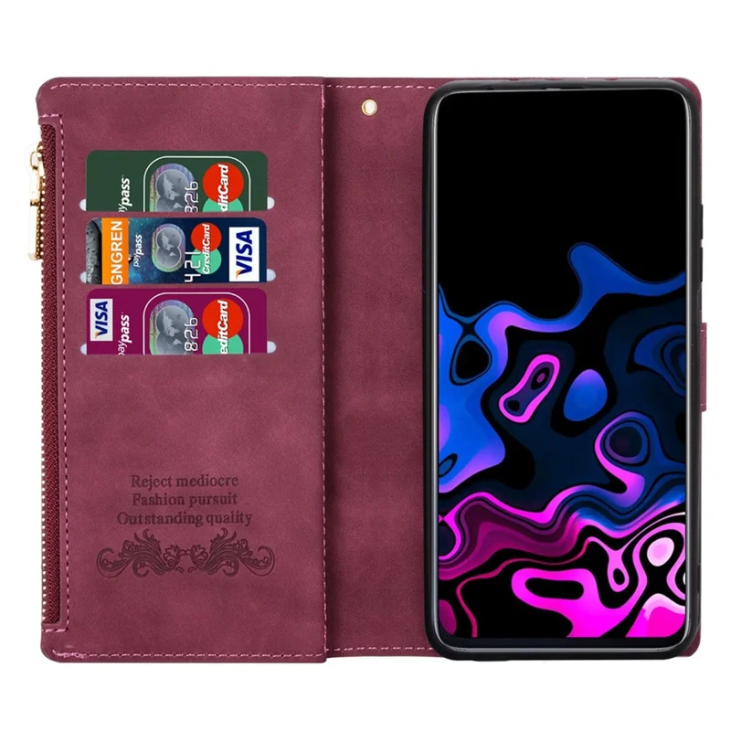 For Samsung Galaxy A54 5G Zipper Pocket Color Splicing PU Leather Phone Case Imprinting Lines Wallet Stand Flip Cover with Strap - Red