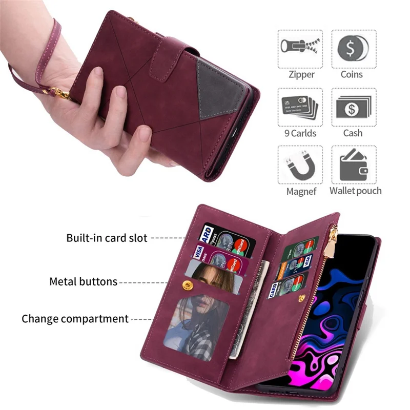 For Samsung Galaxy A54 5G Zipper Pocket Color Splicing PU Leather Phone Case Imprinting Lines Wallet Stand Flip Cover with Strap - Red