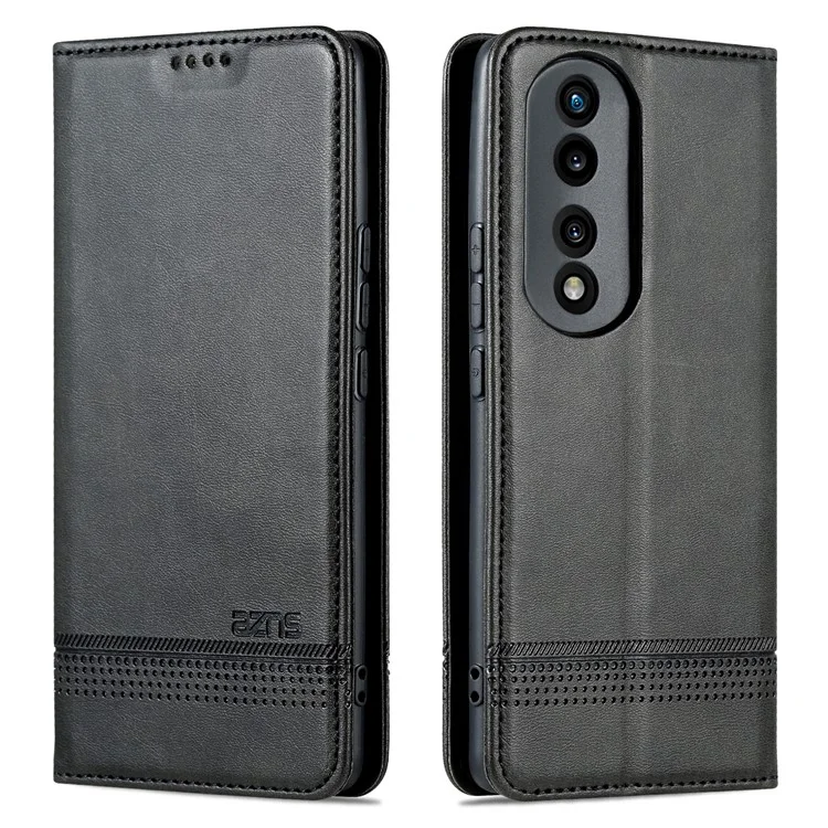 Azns Para Honor 80 Pro 5G PU PU Teleo Casa de Teléfono Del Teléfono Magnético Caquero de Vaca Textura Visualización Soporte Flip Cover - Negro