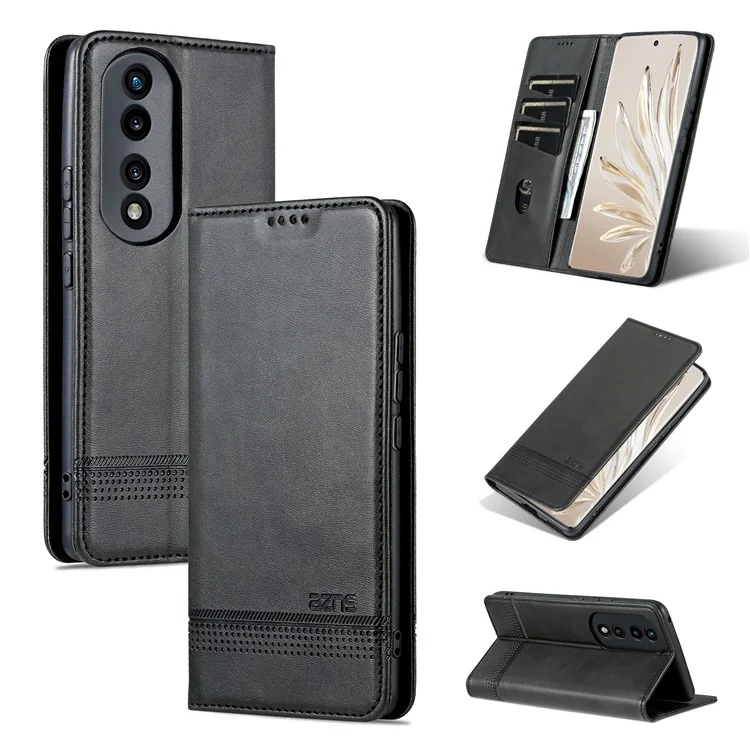 Azns Para Honor 80 Pro 5G PU PU Teleo Casa de Teléfono Del Teléfono Magnético Caquero de Vaca Textura Visualización Soporte Flip Cover - Negro