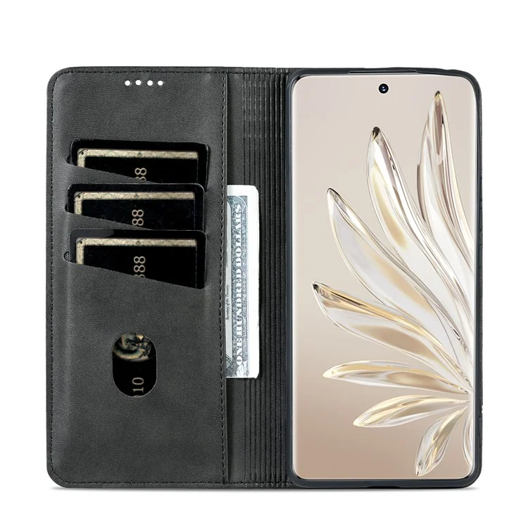 Azns Para Honor 80 Pro 5G PU PU Teleo Casa de Teléfono Del Teléfono Magnético Caquero de Vaca Textura Visualización Soporte Flip Cover - Negro