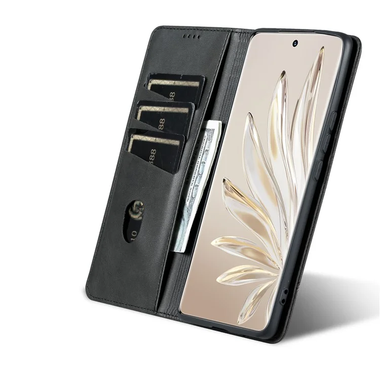 Azns Para Honor 80 Pro 5G PU PU Teleo Casa de Teléfono Del Teléfono Magnético Caquero de Vaca Textura Visualización Soporte Flip Cover - Negro